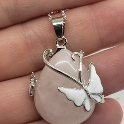 Natural Rose Quartz Silver Butterfly Necklace 