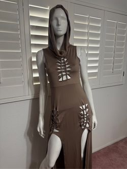 new large long tan hood apocalypse alt cyber goth dress festival rave slits gothic