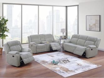 New 3-Piece Reclining Sofa Set in Gray Corduroy