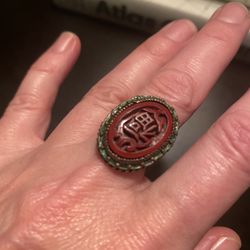 Antique Carved Chinese character “Blessing” Cinnabar, Enamel and Copper adjustable ring