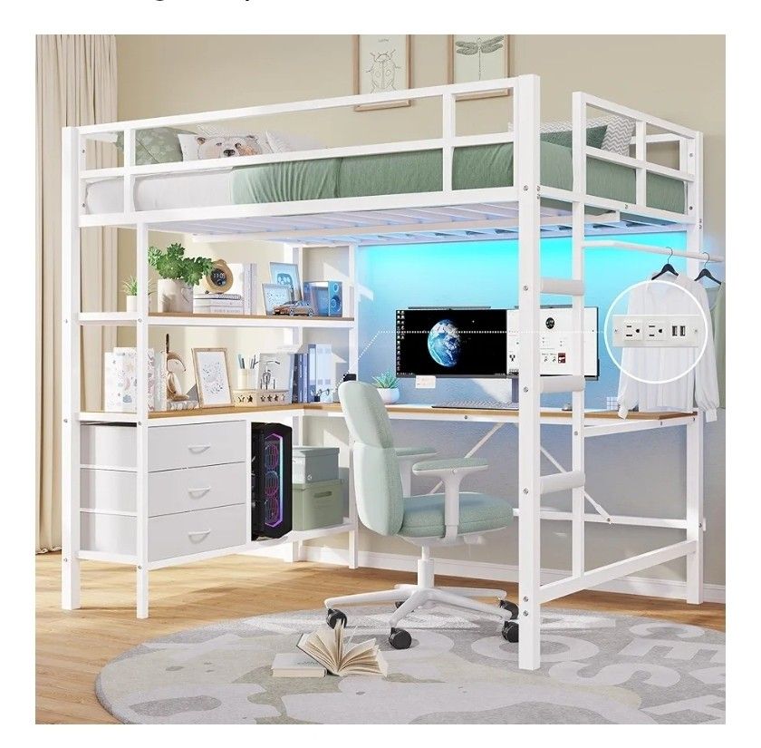 DICTAC Full Size Loft Bed with L-Shaped Desk, LED Lights and Charging Station Full Metal Loft Bed Frame with 3 Storage Shelves & 3 Fabric Drawers