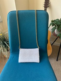 Handmade White Crochet Clutch / Gold Chain Crossbody Bag