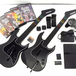 PS2 GUITAR HERO Console Bundle 2 Wireless Guitars Dongles + 5 Games Playstation