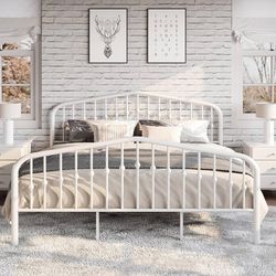 King Size Metal Platform Bed Frame with Victorian Style Wrought Iron-Art Headboard/Footboard, No Box Spring Required, White