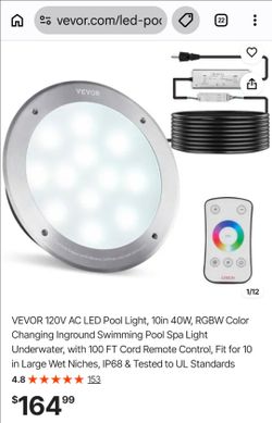 VEVOR 40W RGBW LED Pool Light with Remote