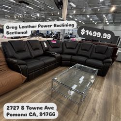 Gray Leather Power Reclining Sectional 