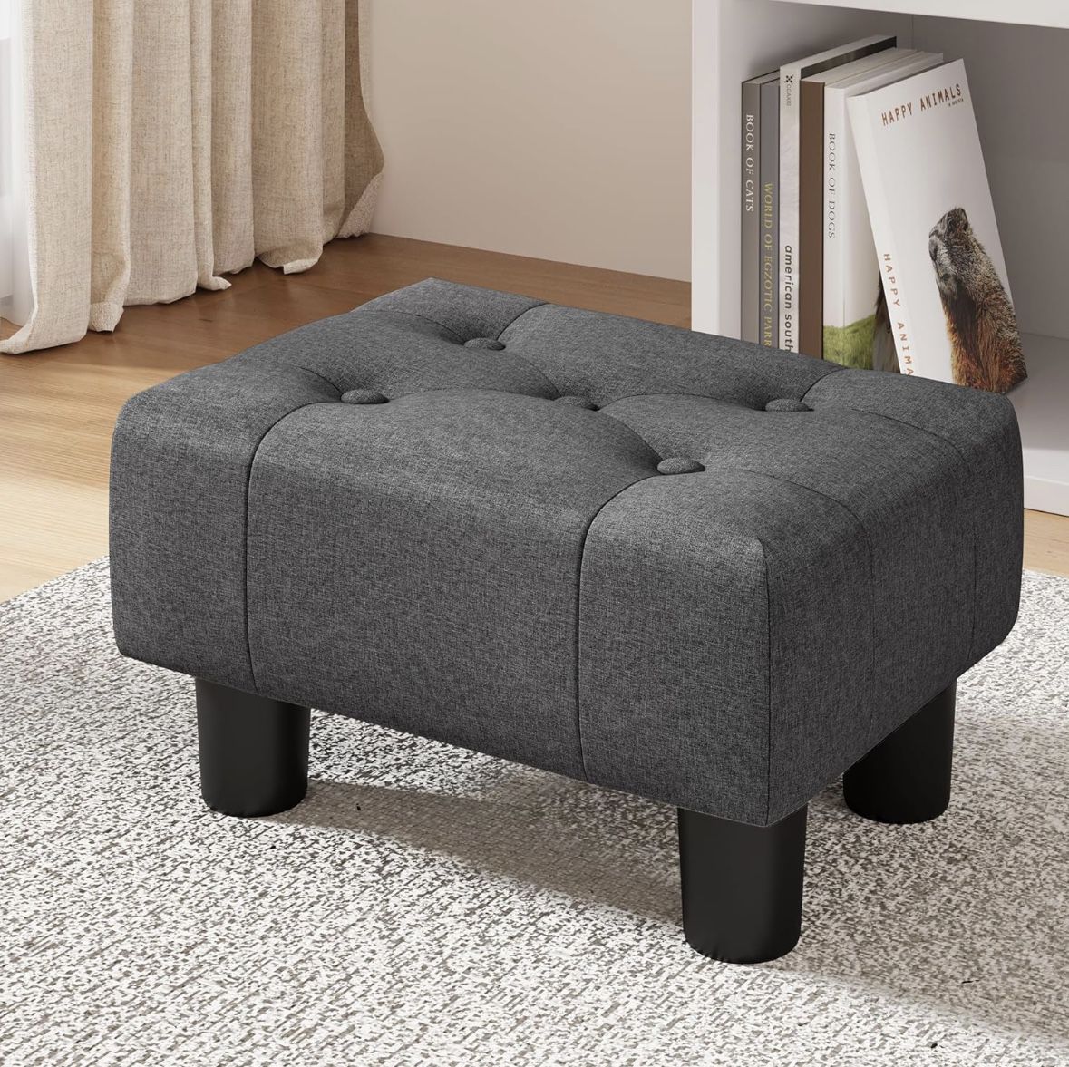 LUE BONA Small Foot Stool Ottoman, Fabric Tufted Footrest with Plastic Legs, 9''H, Rectangle Foot Stools for Adult with Non-Slip Pads, Footstool for L