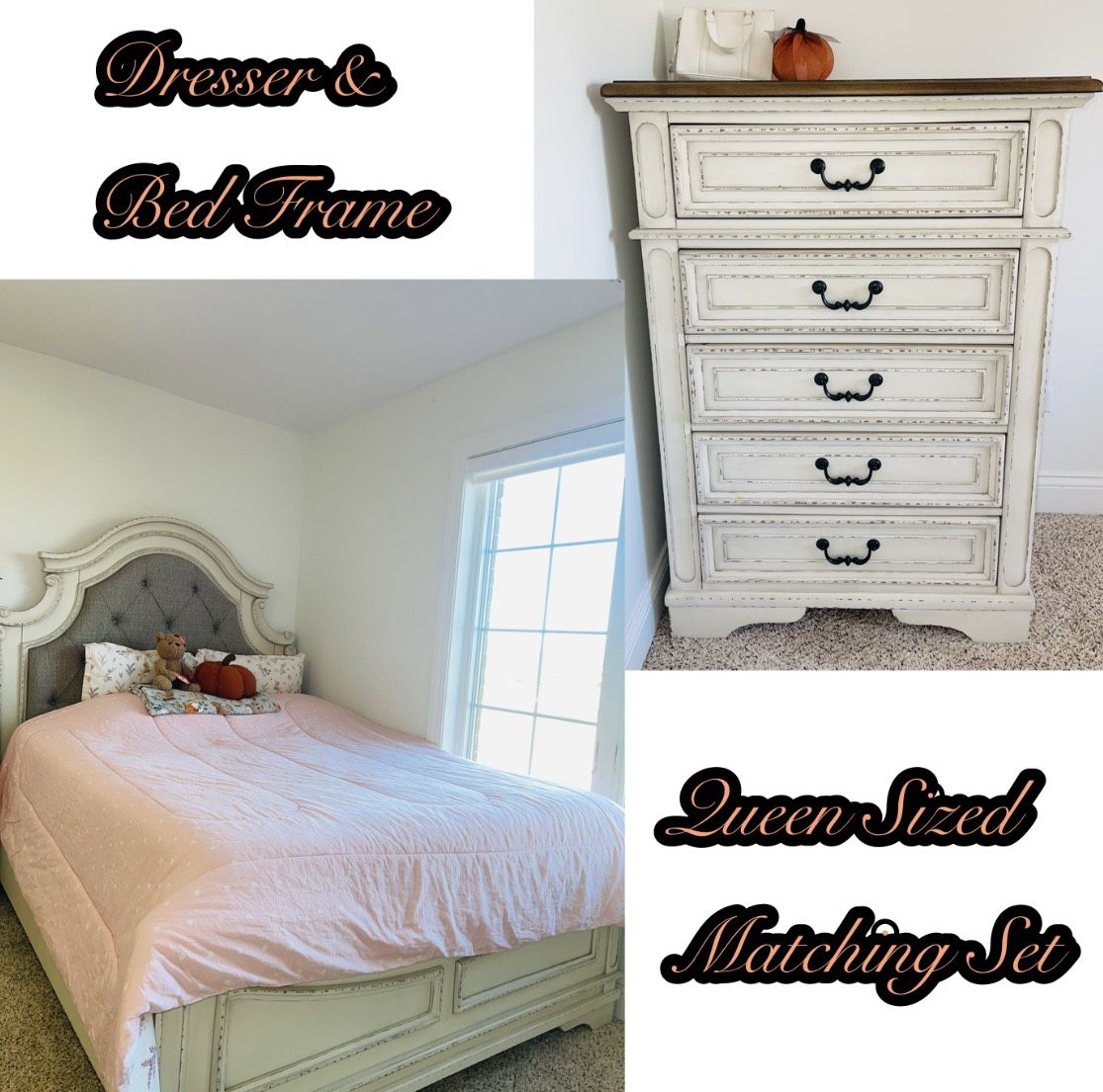 Beige Queen Size Bed Frame & Brown Wood Dresser Matching Set