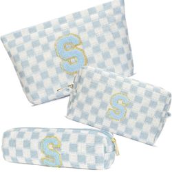 3 Pieces Checkered Makeup Bag Personalized Initial Cosmetic Bag