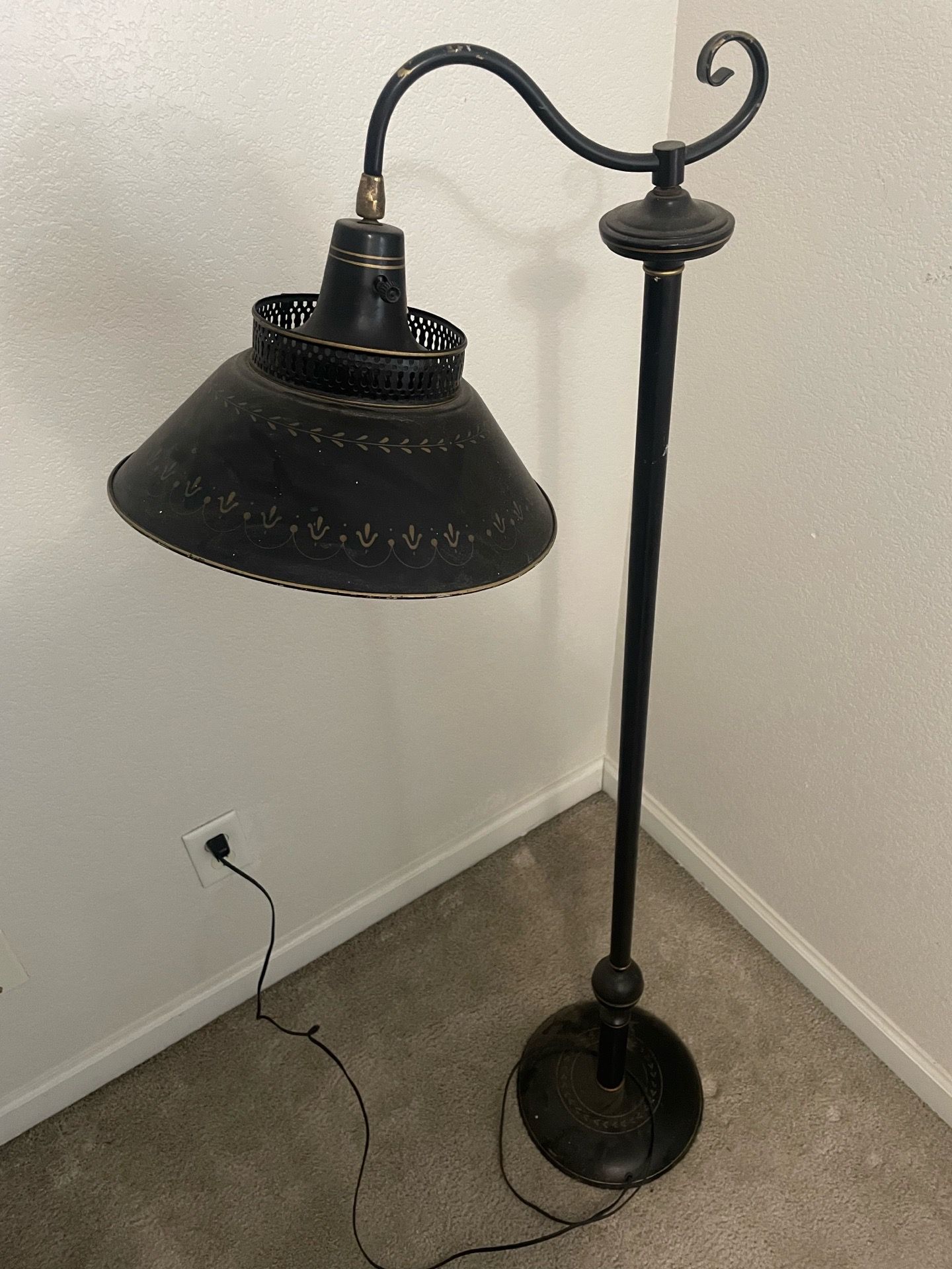 1940’s antique Black steel Floor Lamp with hand stenciled pattern