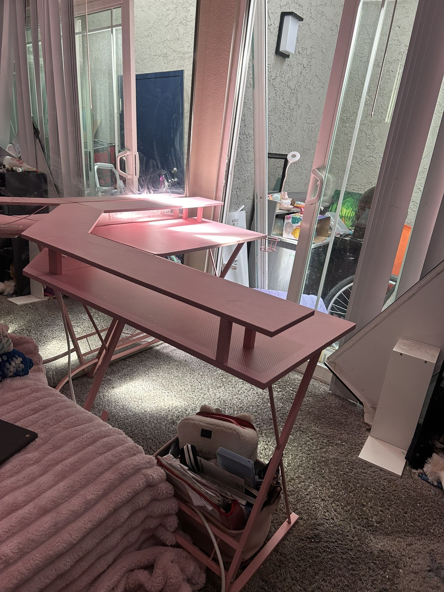 Corner L Shape Double Layer Gamer Pink Desk