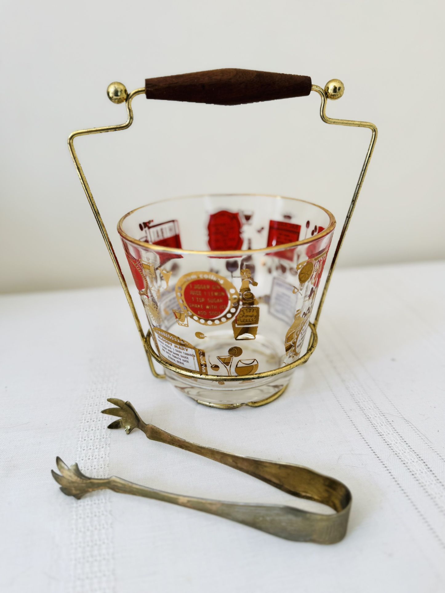 Vintage 1950s Jennette Glass Ice Bucket w/Caddy & Brass Tongs, MCM Red Gold 9.5”