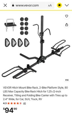 VEVOR Hitch Mount Bike Rack, 2-Bike Platform Style, 80 LBS Max Capacity Bike Rack Hitch for 1.25-/2-inch Receiver, Titling and Folding Bike Carrier wi
