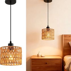 Woven Pendant Light Boho Mini Chandelier, Farmhouse Pendant Lighting with Hand Woven Wicker Shade