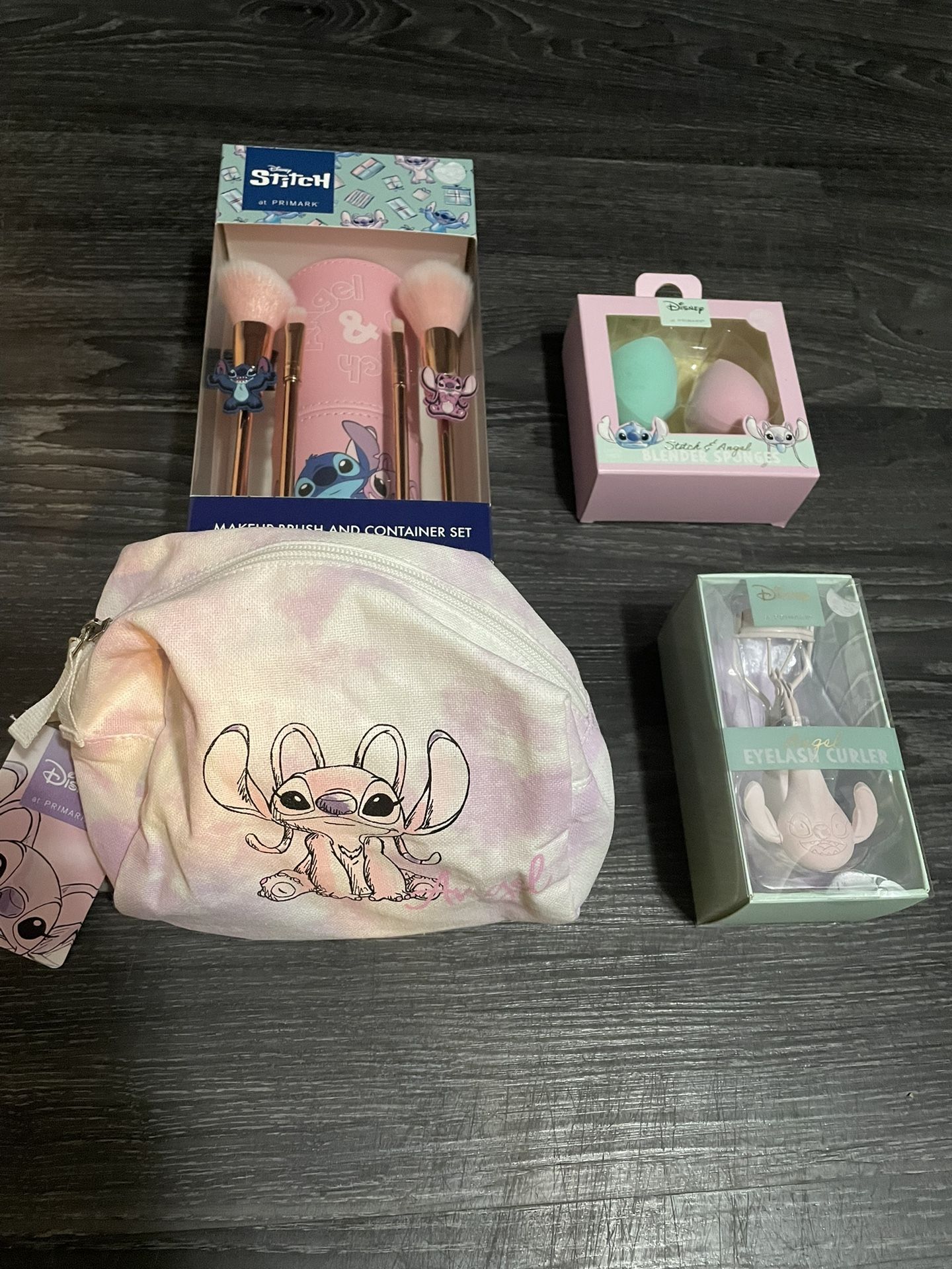 NWT Lilo And Stitch Makeup Bag, Makeup Brush Set, Eyelash Curler And Face Sponges