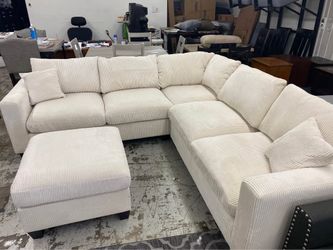 New Corduroy Sectional. Beige, Grey or Green. 99” x 99”. Free Delivery!