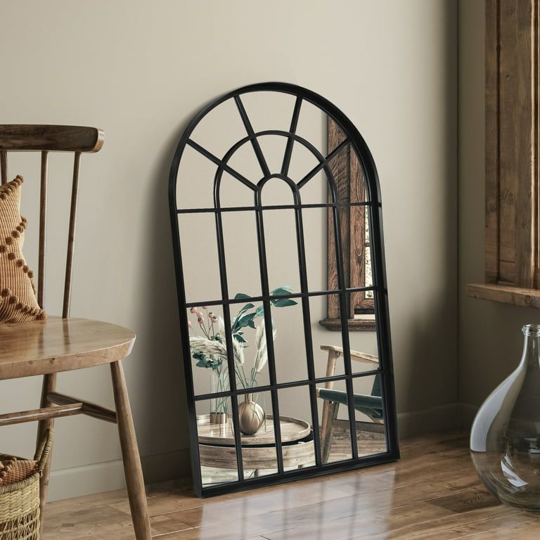 Arched Wall Mount Mirror 32" x 20", Black Window Frame Decorative Mirror, Wall Decor, Farmhouse Arch Mirror, Rustic Vintage Style Hanging Mirror for L