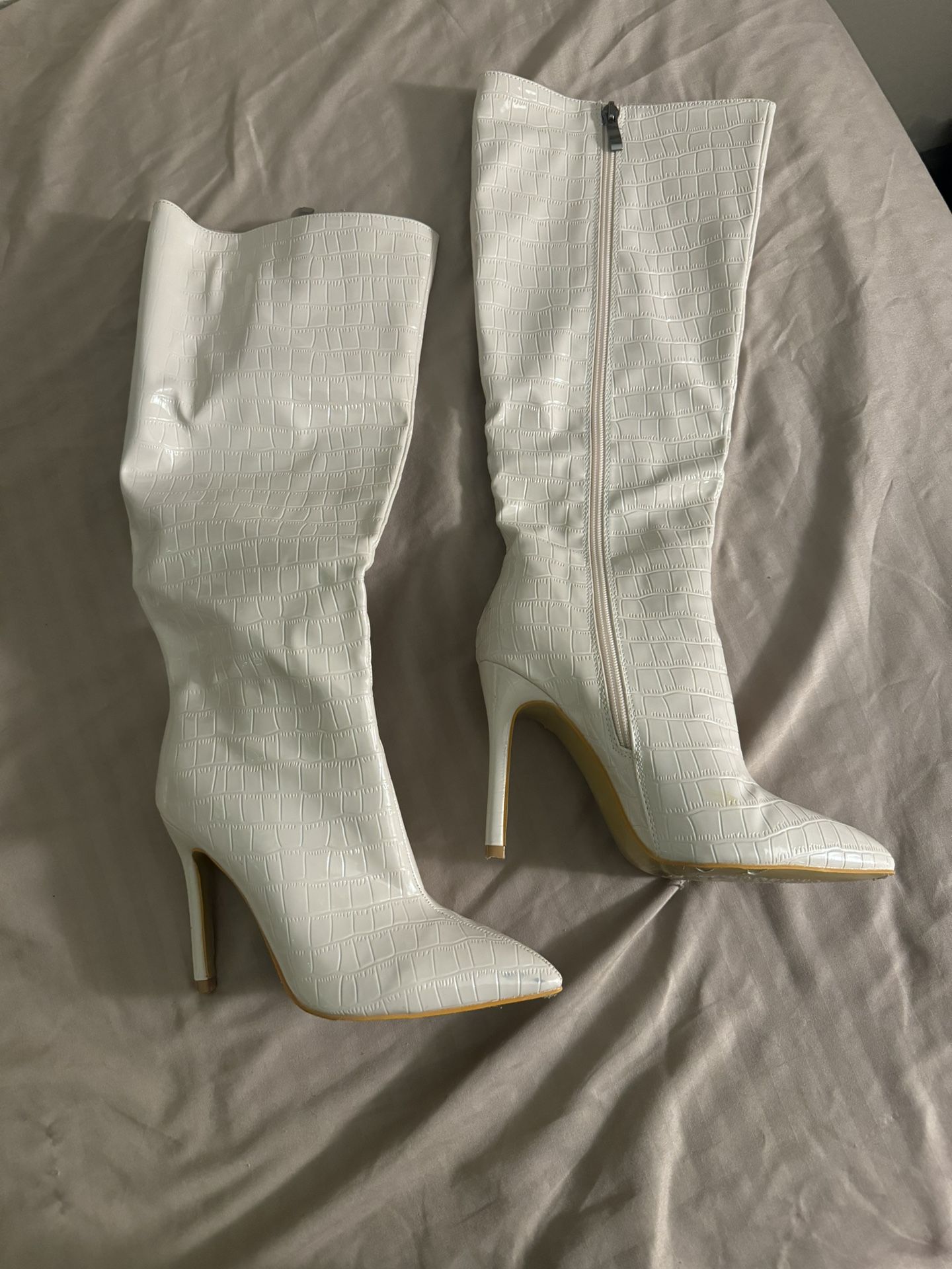 Elegant White Croc Embossed Knee High Boots