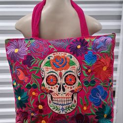 Sugar Skull Skeleton Embroidered Tote Bag