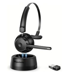 Bluetooth Headset, Wireless Headphone with AI Noise-Canceling Microphone for Computer, On Ear Bluetooth Headset with USB Dongle for Office Call Center