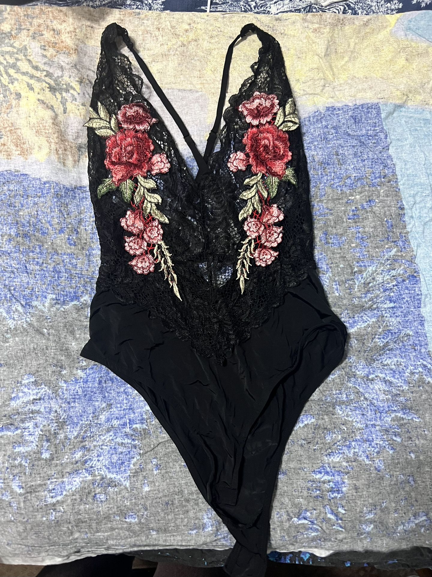 Black and red floral bodysuit