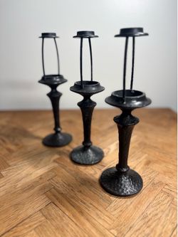 VTG 1970s  Wrought Iron Gothic Candle Holders Set of 3 Hammered Black Halloween