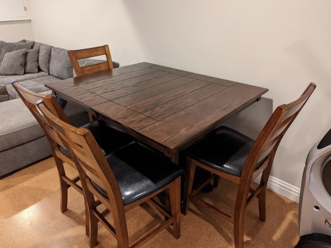 BOBS FURNITURE COUNTER HEIGHT DINING SET WITH SIX CHAIRS