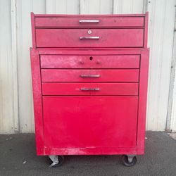 Vintage Tool Box Metal Two Tier Rolling Chest