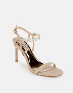 Badgley Mischka Kai Stiletto Gold Heels with Rhinestone Chainlink Size 7.5