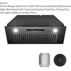 30 Inch Range Hood Insert, 600 CFM Convertible Ducted/Ductless Matte Black Hood with Touch and Gesture Controls, 3-Speed Fan, LED Lights, Baffle & Car