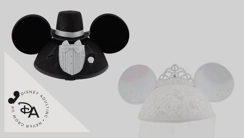 Mickey & Minnie Bride & Groom Hats. Great for pictures and wedding. Disneyland is opened!