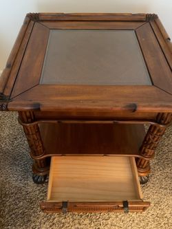 Tropical Style Wood & Rattan End Table with Drawer