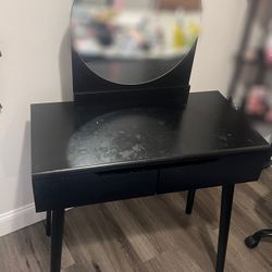 Black Vanity Table with Round Mirror 