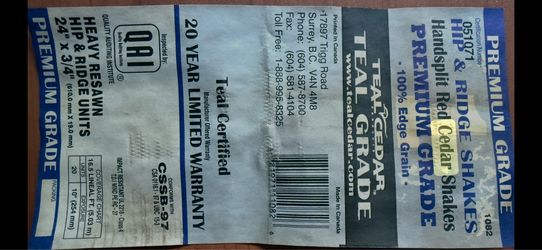 Roofing Teal Cedar Premium Grade Shakes - Pristine Condition