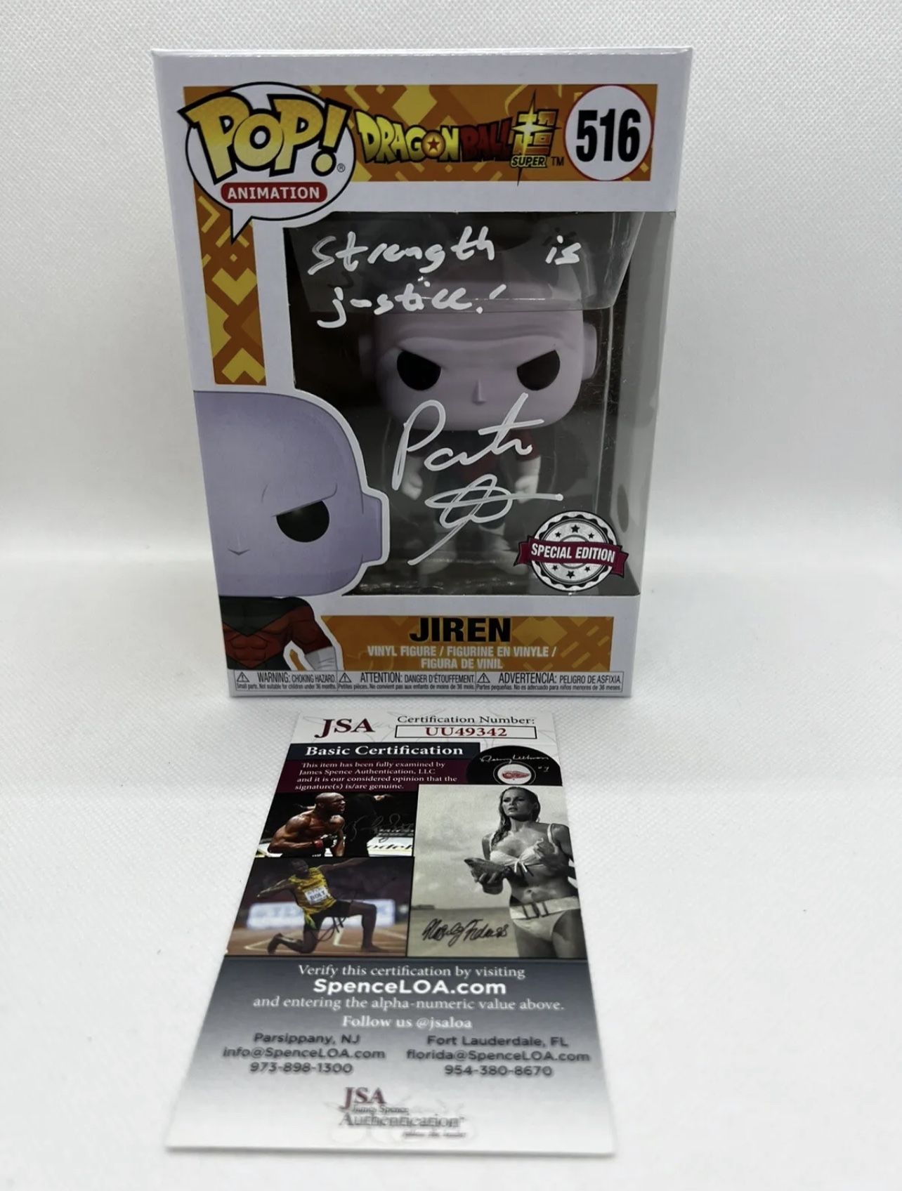 Dragon ball Super Patrick Seitz signed Jiren 516 Funko pop with quote JSA COA