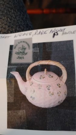 Belleek Vintage Basket Weave Rare Handle Teapot