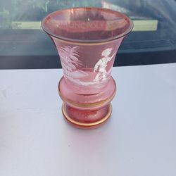 Vintage Handpainted Mary Gregory Cranberry Art Glass Gold Trim Boy Vase 6"