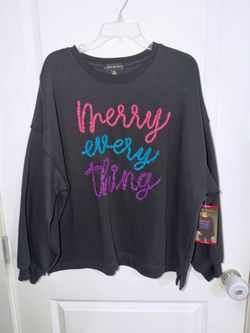 State of Mine black sweatshirt features colorful, glittery embroidered Merry Everything size X-Large