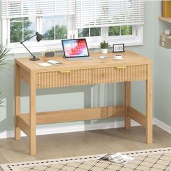 Fluted Computer Desk with 2 Drawers, 39 Inch Small Computer Desk with Storage, Compact Writing Study Desk for Small Spaces