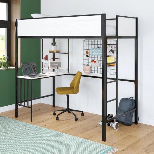 *Brand New* Novogratz Axel Metal Loft Bed with Desk and Shelves, Twin, Black and Off White
