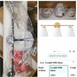 0051: Hamilyeah CHROME Bathroom Lighting Fixtures Over Mirror 3 Light, Modern Bathroom Vanity Light with Frosted Glass Shade, SILVER Vanity Lighting f