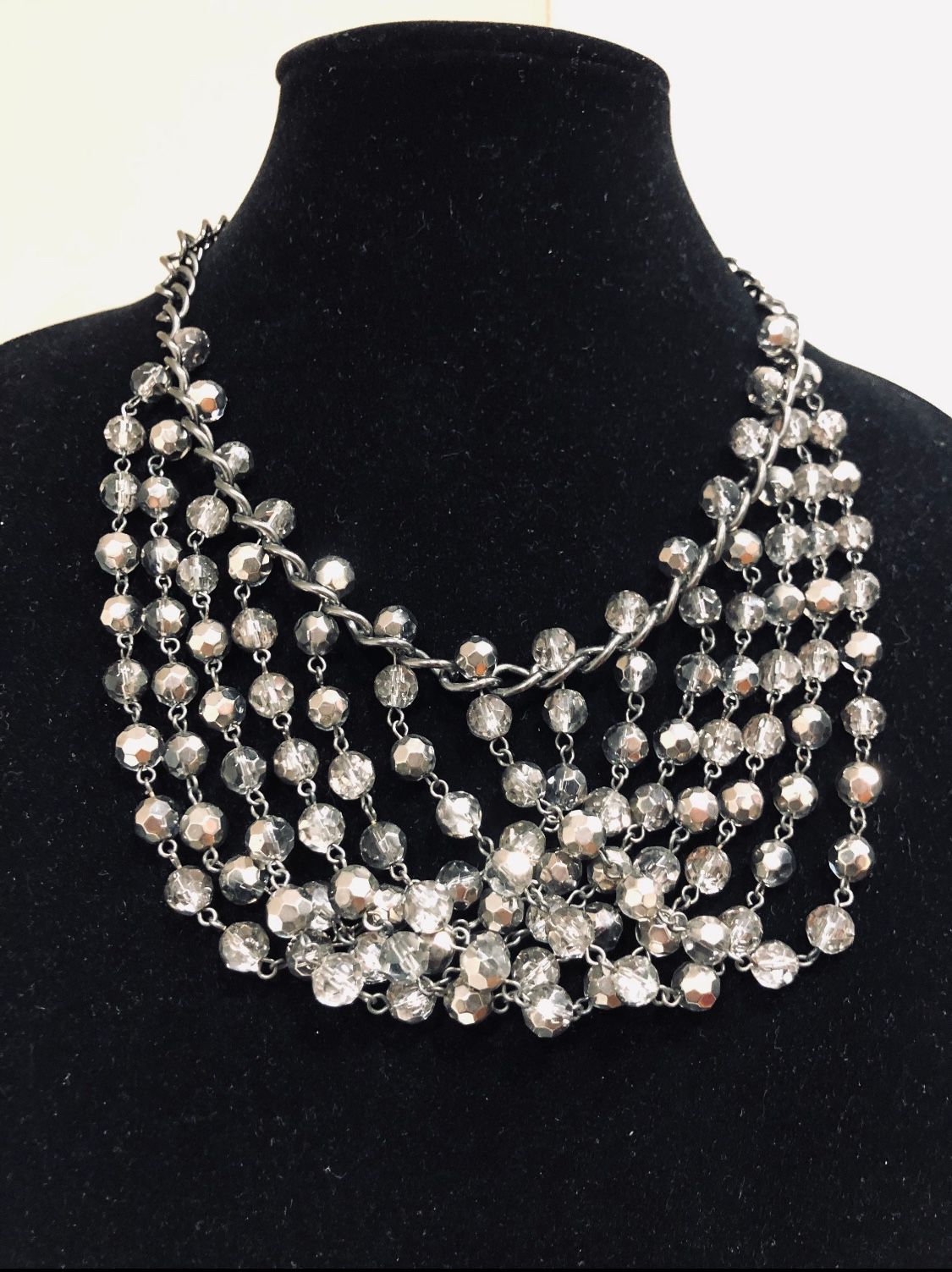 Edwardian glass Collar - Queens silver bead Necklace - wide 6 strand choker - Runway statement necklace - Dramatic collar