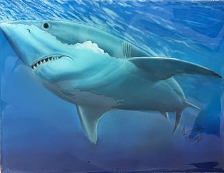 Great White Shark Oil painting 16”xc20”With Acrylic Resin
