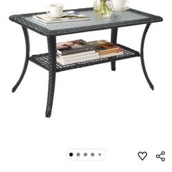 VINGLI Outdoor Coffee Table with Storage Wicker Patio Coffee Table, Tempered Glass Top Coffee Table for Patio Outside Balcony Porch Deck (Black)