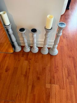Set of 5 Tall Wooden Candlestick Holders