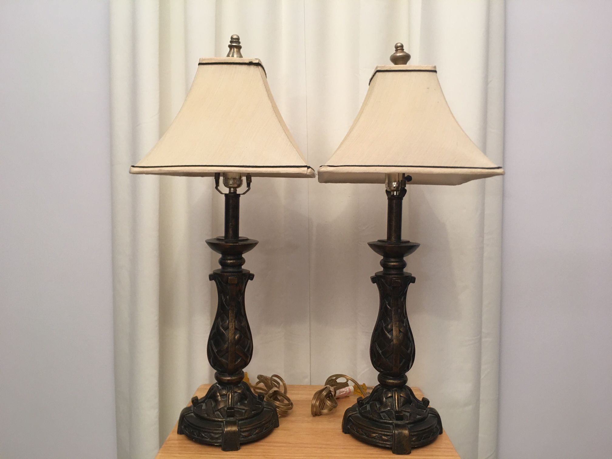 Pair of Designer Bronze Metal Style Cast Table Lamps w/Square Shades