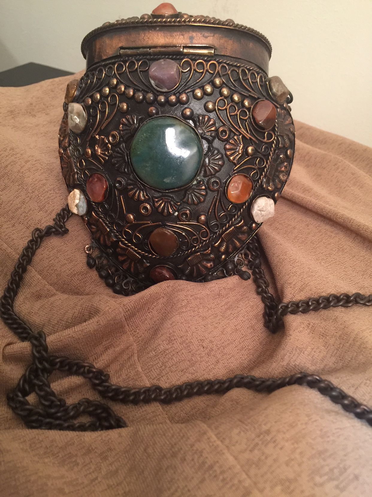 Antique Metal Bucket Clutch with Stones