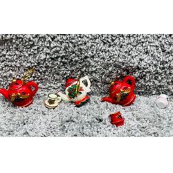 Mini Holiday Christmas Red White Tea Pot Tea Cup Ornament Decoration 3" Lot of 8