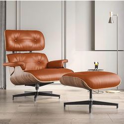  Luxury Lounge Chair with Ottoman Leather Recliner Wooden Swivel Chaise Lounge for Living Room Office