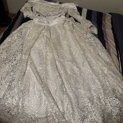 white lace off-the-shoulder long-sleeved two-piece wedding dress or formal gown